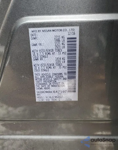 2017 Nissan Pathfinder S z USA, uszkodzony, nr VIN 5N1DR2MN8HC647597